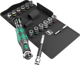 WERA Steckschlüsselsatz 8009 Zyklop Pocket Set 3, 27-teilig, 3/8" + 1/4", mit schwenkbarem Knarrenkopf
