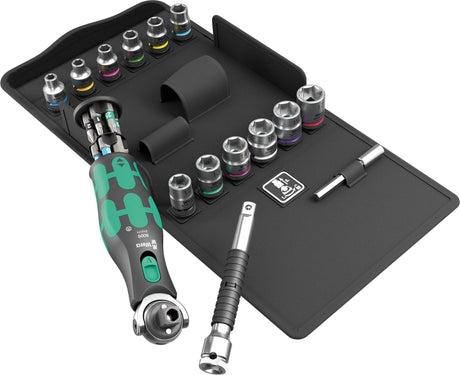 WERA Steckschlüsselsatz 8009 Zyklop Pocket Set 3, 27-teilig, 3/8" + 1/4", mit schwenkbarem Knarrenkopf