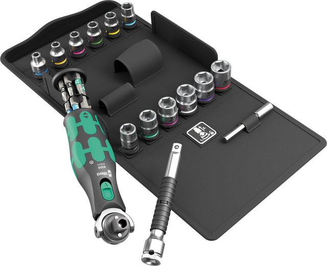 WERA Steckschlüsselsatz 8009 Zyklop Pocket Set 3, 27-teilig, 3/8" + 1/4", mit schwenkbarem Knarrenkopf