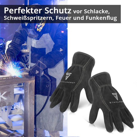 STAHLWERK Schweißerhandschuhe Gr. XL Schwarz EN 388:2016 PSA II aus Rindspaltleder