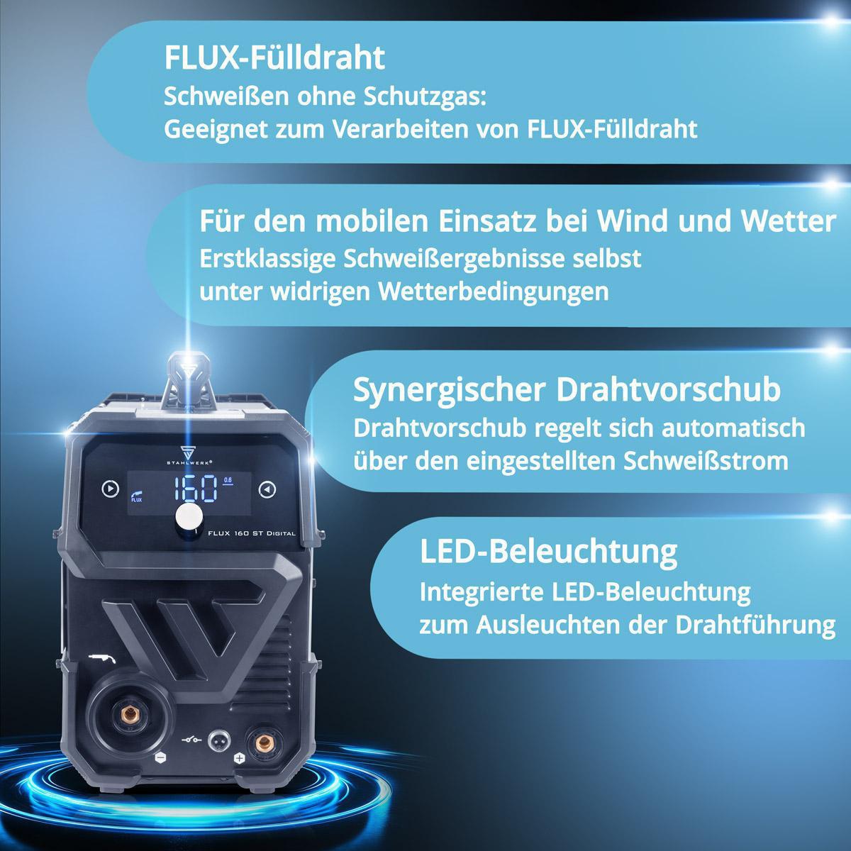 STAHLWERK Fülldrahtschweißgerät FLUX 160 ST Digital – 20-160 A, synergischer Drahtvorschub, IGBT, gasgekühlt