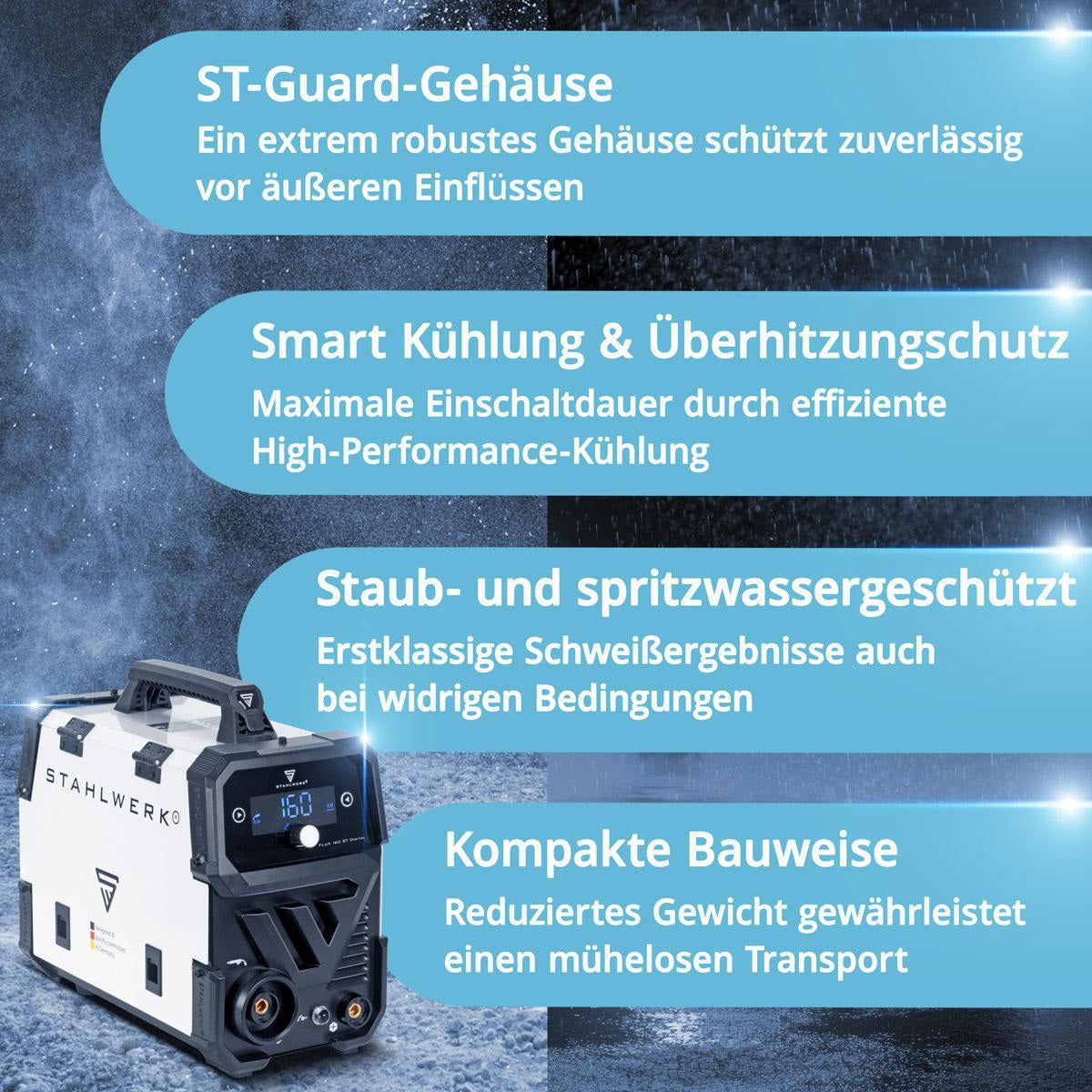 STAHLWERK Fülldrahtschweißgerät FLUX 160 ST Digital – 20-160 A, synergischer Drahtvorschub, IGBT, gasgekühlt