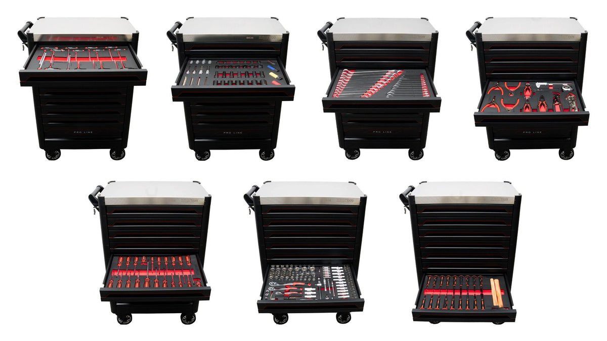 KROFtools PRO Line Werkzeugwagen, bestückt mit 318 Werkzeugen, 9 Schubladen - Art. 8637