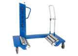 Mobile drum handling trolley with roller supports for safe lifting and transport of industrial barrels, professional material handling equipment available at toprools.com