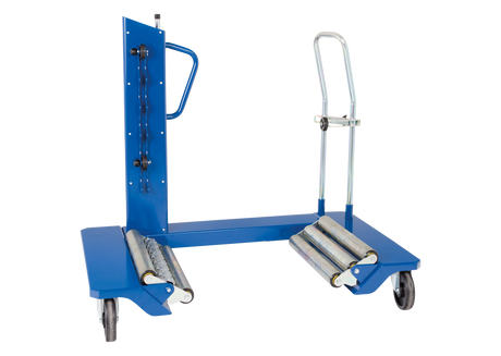 Mobile drum handling trolley with roller supports for safe lifting and transport of industrial barrels, professional material handling equipment available at toprools.com