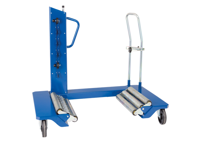Mobile drum handling trolley with roller supports for safe lifting and transport of industrial barrels, professional material handling equipment available at toprools.com