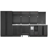 An image of a Kraftwerk Mobilio Black Edition workshop cabinet system is shown, which is a modular workbench with a stainless steel worktop and tool walls, available from toprools.com.