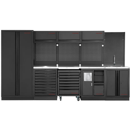 An image of a Kraftwerk Mobilio Black Edition workshop cabinet system is shown, which is a modular workbench with a stainless steel worktop and tool walls, available from toprools.com.