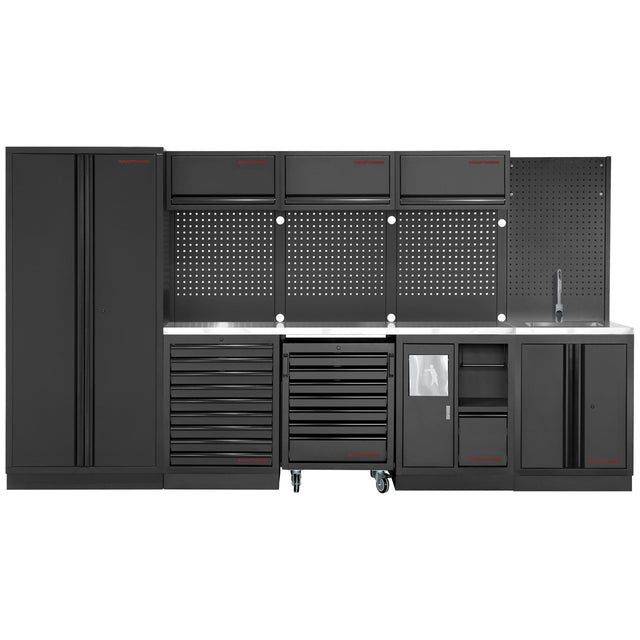 An image of a Kraftwerk Mobilio Black Edition workshop cabinet system is shown, which is a modular workbench with a stainless steel worktop and tool walls, available from toprools.com.