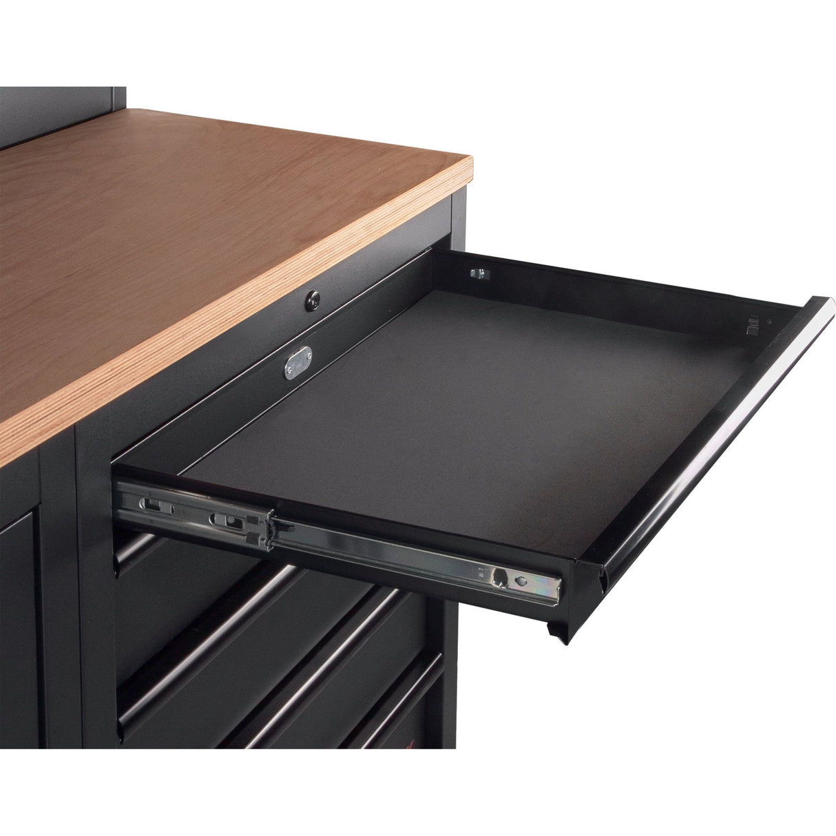 KRAFTWERK MOBILIO 8-Element-Werkstatt-Schranksystem – Ecklösung mit Multiplex-Arbeitsplatten und Lochwänden (Länge 3819 / 2824 mm) - KW-3964E-BLK