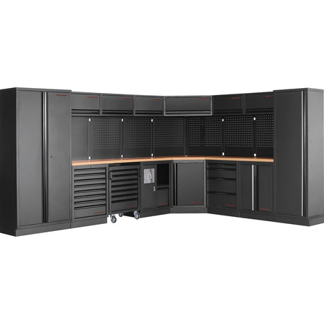 toprools.com black modular corner garage cabinet system with tall lockers, drawers, pegboards, and wooden worktop for workshop storage.