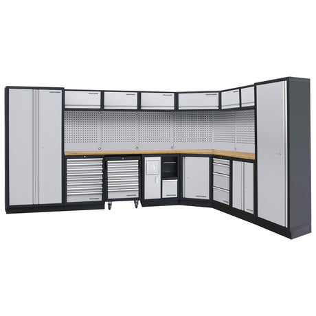 Professional modular workshop cabinet system with tool drawers, pegboard panels, wooden worktop and storage cabinets – premium workshop furniture by Tools.d