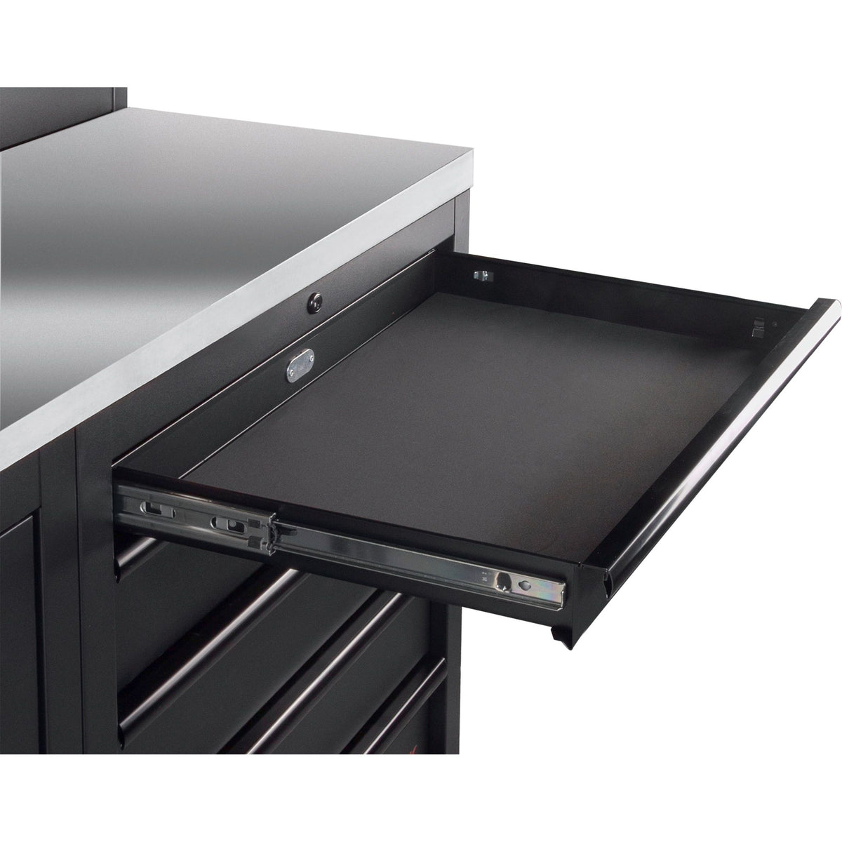KRAFTWERK 6-Element-Schrankwand mit Vierkantlochwand, INOX-Arbeitsplatte – Länge 3920 mm - KW-3964F-BLK-IX