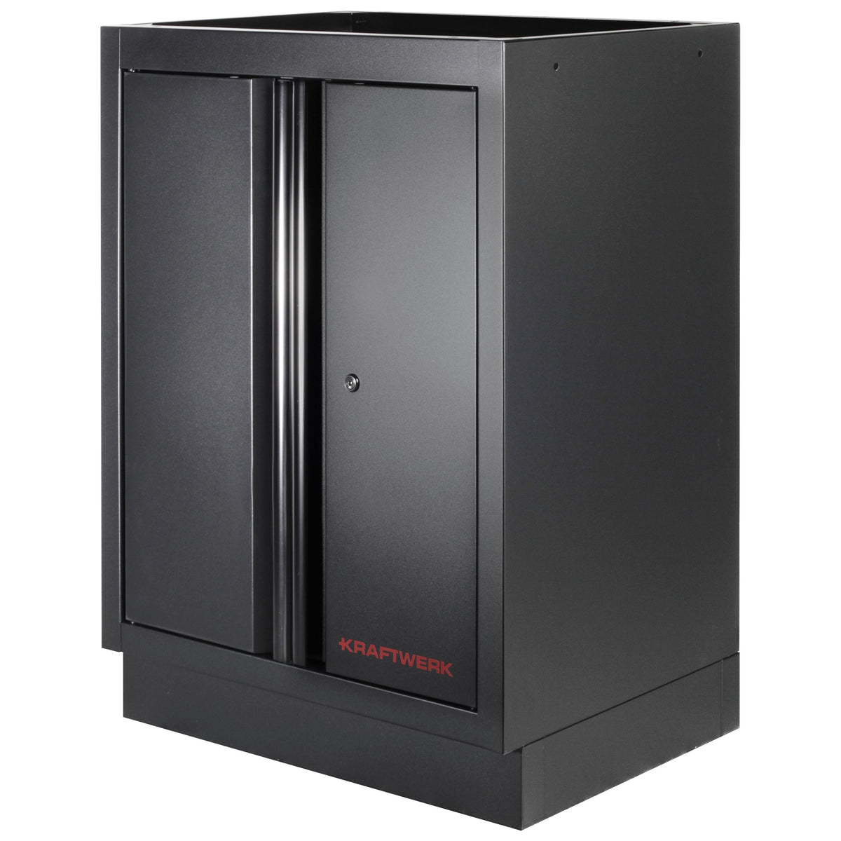 KRAFTWERK 6-Element-Schrankwand mit Vierkantlochwand, INOX-Arbeitsplatte – Länge 3920 mm - KW-3964F-BLK-IX
