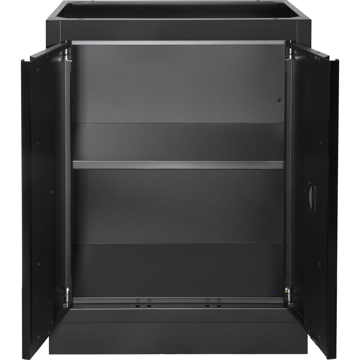 KRAFTWERK 6-Element-Schrankwand mit Vierkantlochwand, INOX-Arbeitsplatte – Länge 3920 mm - KW-3964F-BLK-IX