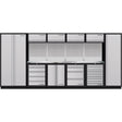A sleek, modern workshop storage system in silver and black, featuring multiple cabinets, deep drawers, and perforated panels for tool organization, with a sturdy workbench surface, available from toprools.com as part of the Craftsman collection.