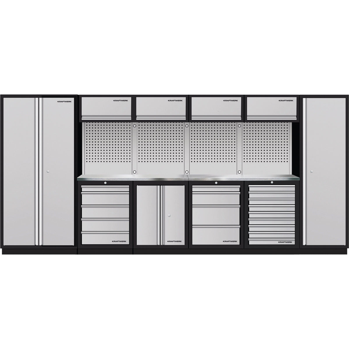 A sleek, modern workshop storage system in silver and black, featuring multiple cabinets, deep drawers, and perforated panels for tool organization, with a sturdy workbench surface, available from toprools.com as part of the Craftsman collection.