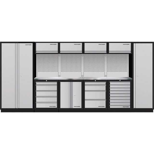 A sleek, modern workshop storage system in silver and black, featuring multiple cabinets, deep drawers, and perforated panels for tool organization, with a sturdy workbench surface, available from toprools.com as part of the Craftsman collection.