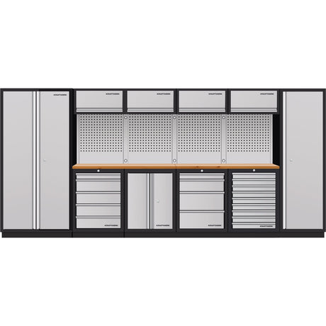 Mobilio 6-piece combi workshop trolley with 2 tall cabinets and stainless steel finish, featuring multiple drawers and ample storage capacity, shown on toprools.com
