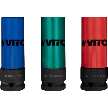 VITO Kraft-Steckschlüssel-Satz 3 Teile - Cr-Mo Stahl, Kraft-Schoneinsätze 3tlg für Alu-Felgen 17mm 19mm 21mm für Schlagschrauber, Schonnüsse, Impact Socket, 0,5 Zoll, im Werkzeugkoffer - Pro Power - VICI3MO - toprools.com TP Profishop GmbH
