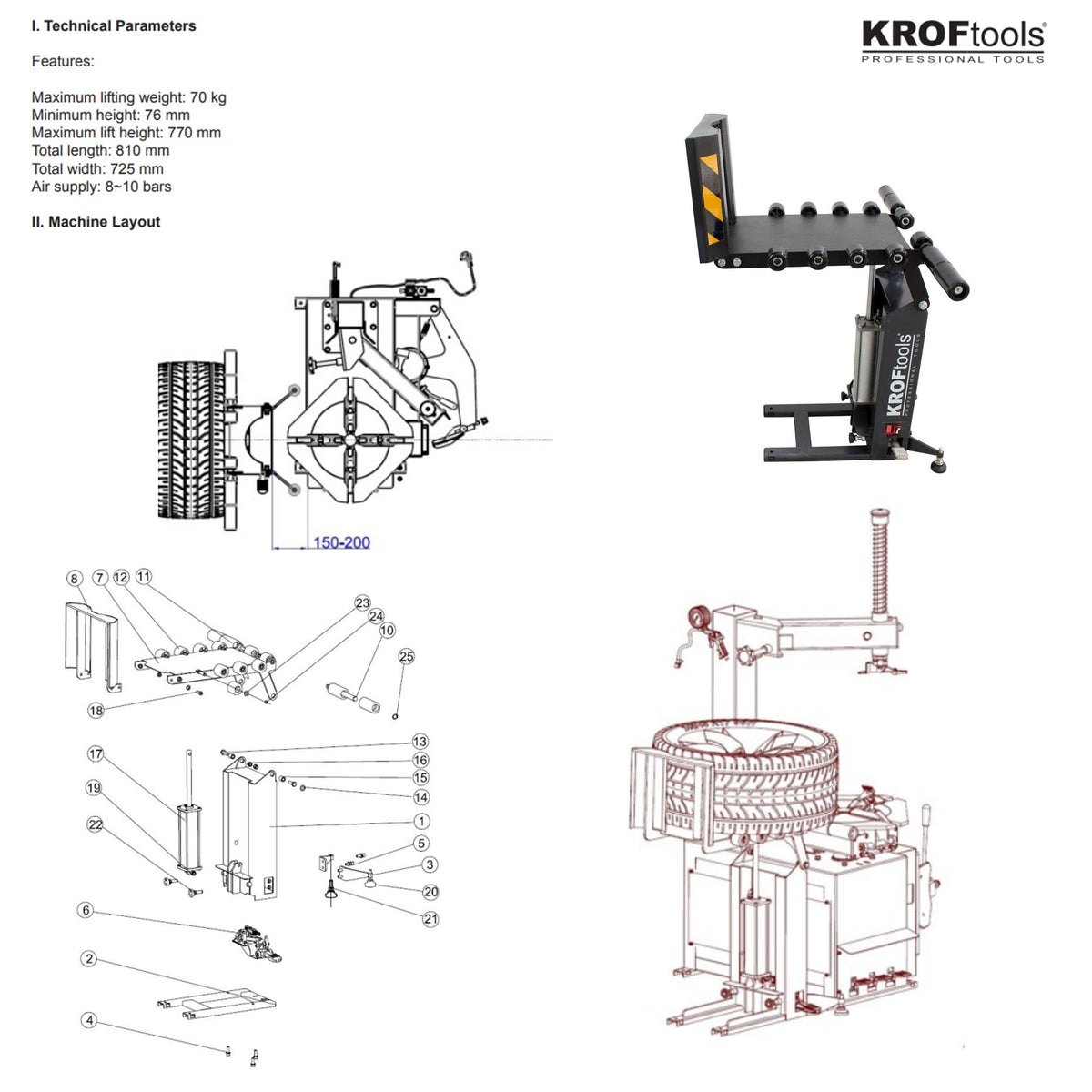 KROFtools 70 kg Reifenheber für Reifenmontiermaschinen, Radlifter, Reifen Lift, Pneumatischer Antrieb - Radheber Lifter - 9024