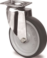 TECWERK Edelstahl-Lenkrolle 50 mm, 50 kg Tragkraft, TPE-Lauffläche, Gleitlager, mit Anschraubplatte