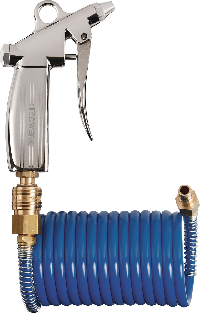 TECWERK Spiralschlauch-Pistolen-Set ID 6mm AD 8mm L.2,5m blau – Druckluftschlauch mit Blaspistole