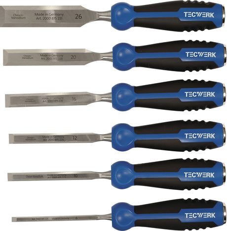 TECWERK Stechbeitelsatz 6-teilig 6-26 mm CV-Stahl 2-Komponentenheft Holzkasten