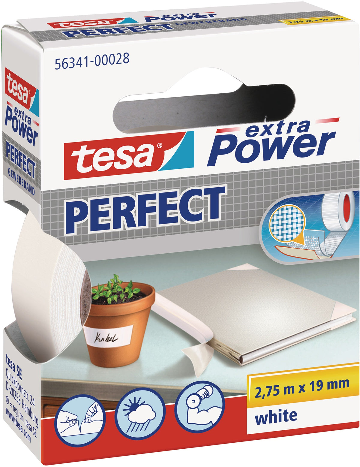 tesa Gewebeband ext.Power 56341 – Weißes Profi-Reparaturband, 19 mm x 2,75 m, 10 Rollen