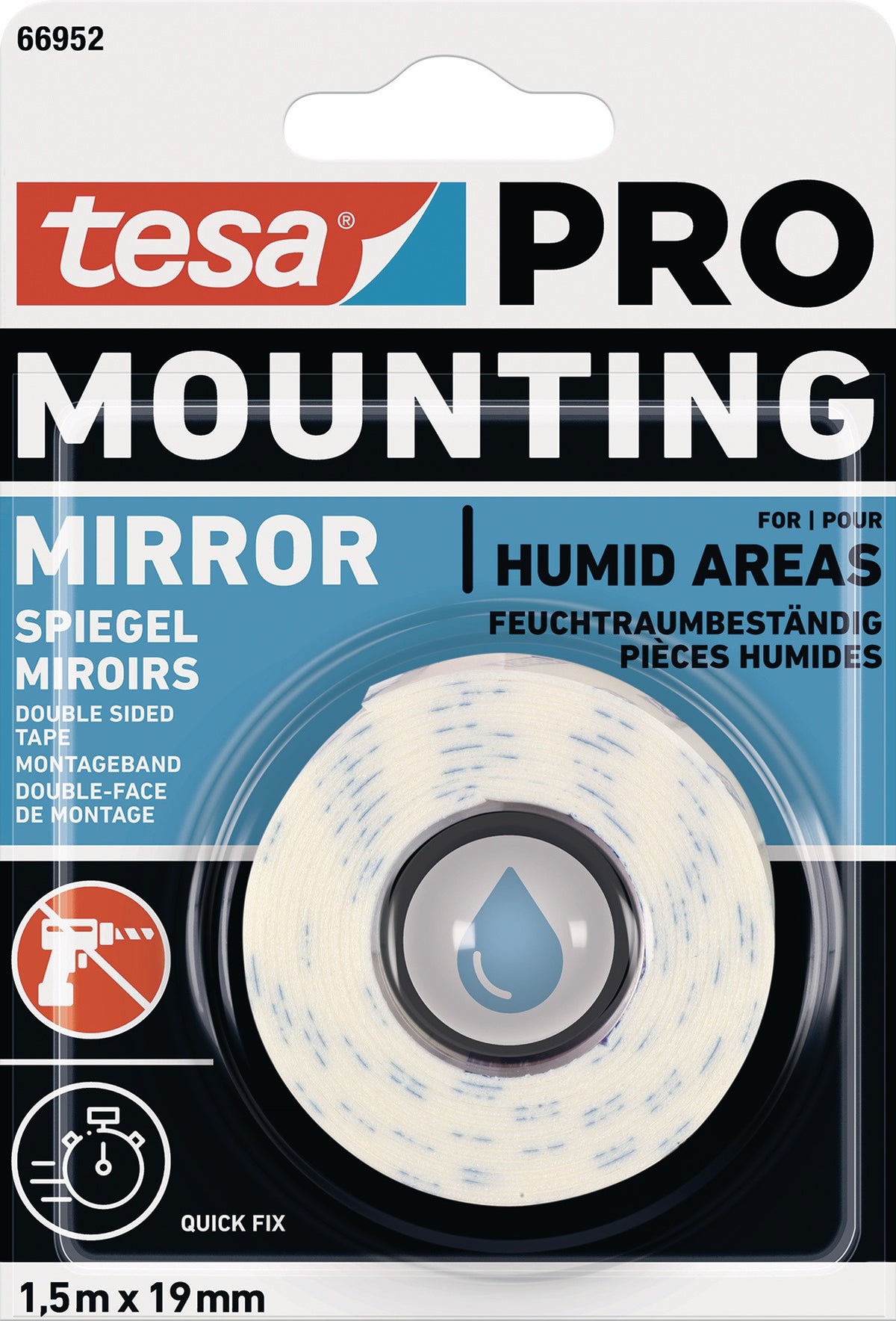 tesa Montageband Mounting PRO Spiegel 66952 – Doppelseitiges Klebeband 1,5 m x 19 mm, feuchtigkeitsresistent