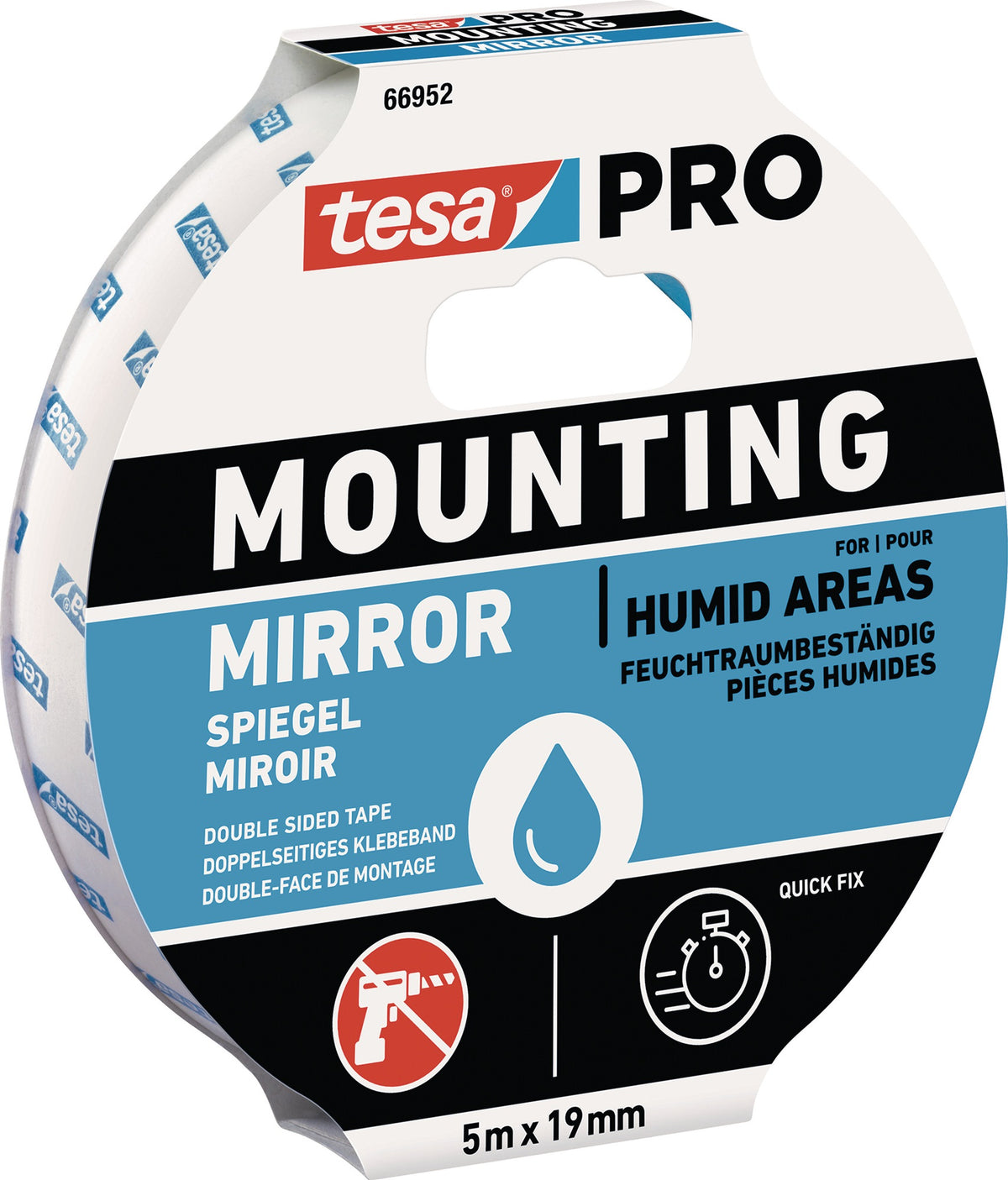tesa Montageband Mounting PRO Spiegel 66952 – Doppelseitiges Klebeband 1,5 m x 19 mm, feuchtigkeitsresistent
