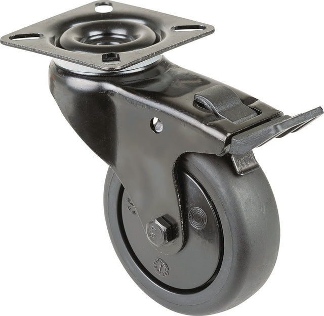 BS ROLLEN Lenkrolle mit Totalfeststeller 50 mm Gummi schwarz, Tragfähigkeit 50 kg, Anschraubplatte