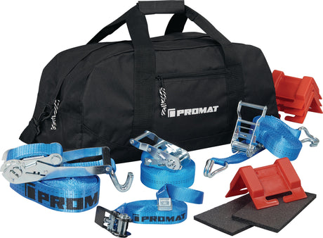 PROMAT Ladungssicherungsset Profi 28-teilig – Komplett-Set mit Zurrgurten, Kantenschutzwinkeln und Anti-Rutsch-Pads