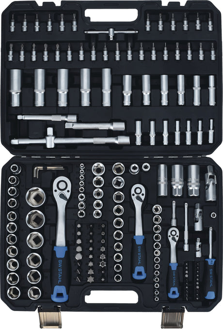 SW-Stahl Steckschlüsselsatz 171-teilig 1/4 + 3/8 + 1/2" SW 4-32 mm, 72 Zähne, 6-Kant, Kunststoffkoffer