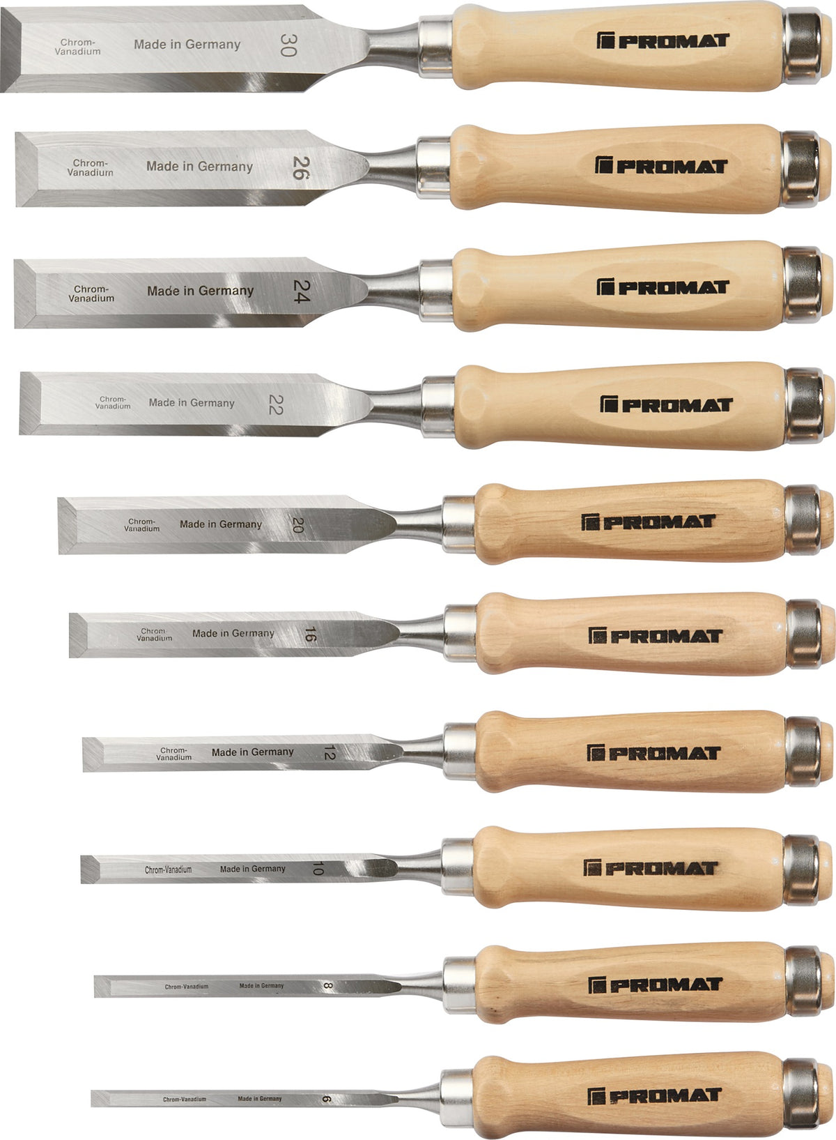 PROMAT Stechbeitelsatz 10-teilig 6-30 mm CV-Stahl Weißbuchenheft Ulmer Form