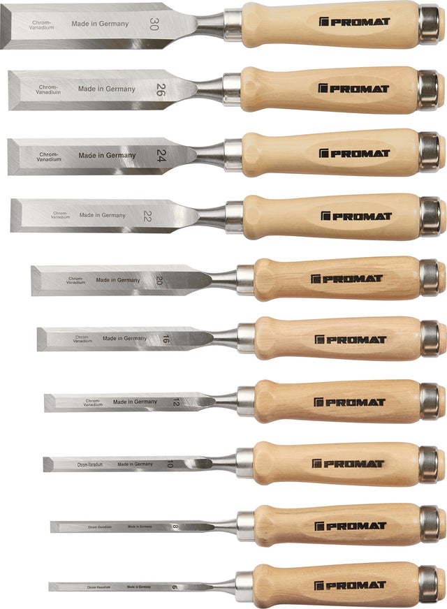 PROMAT Stechbeitelsatz 10-teilig 6-30 mm CV-Stahl Weißbuchenheft Ulmer Form