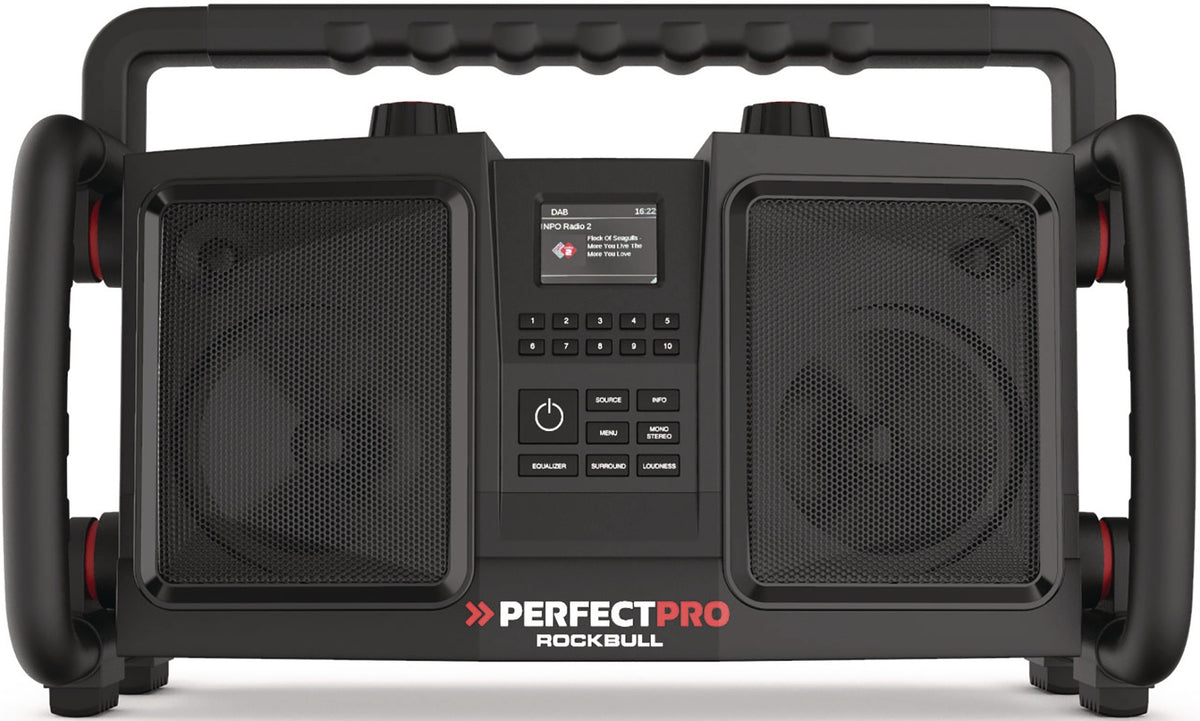 PERFECTPRO Baustellenradio ROCKBULL 11,1 V 230 V – DAB+, Bluetooth, IP65, 2x25 Watt