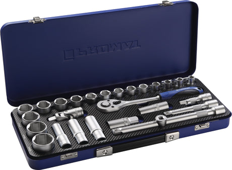 PROMAT Steckschlüsselsatz 27-tlg. 1/2 Zoll SW 10-32 mm, 36 Zähne, 6-Kant, Stahlblechkassette