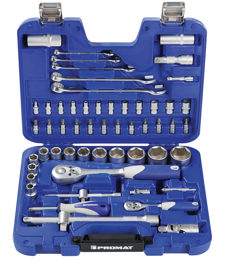 PROMAT Steckschlüsselsatz 60-tlg. 1/4 + 1/2 Zoll SW 4-32 mm, 6-Kant, 20/36 Zähne