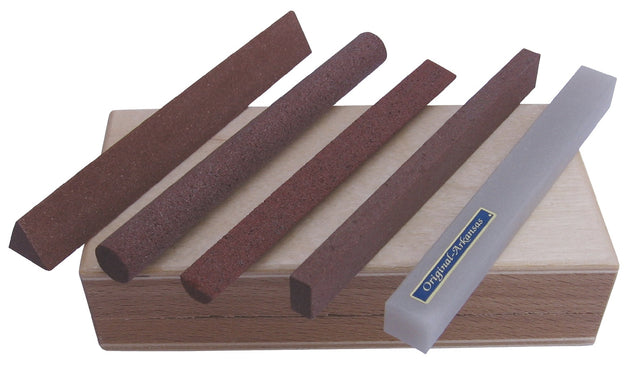 MÜLLER Feilensortiment 100 mm 5-teilig – Edelkorund & Arkansas Naturstein im Holzkasten