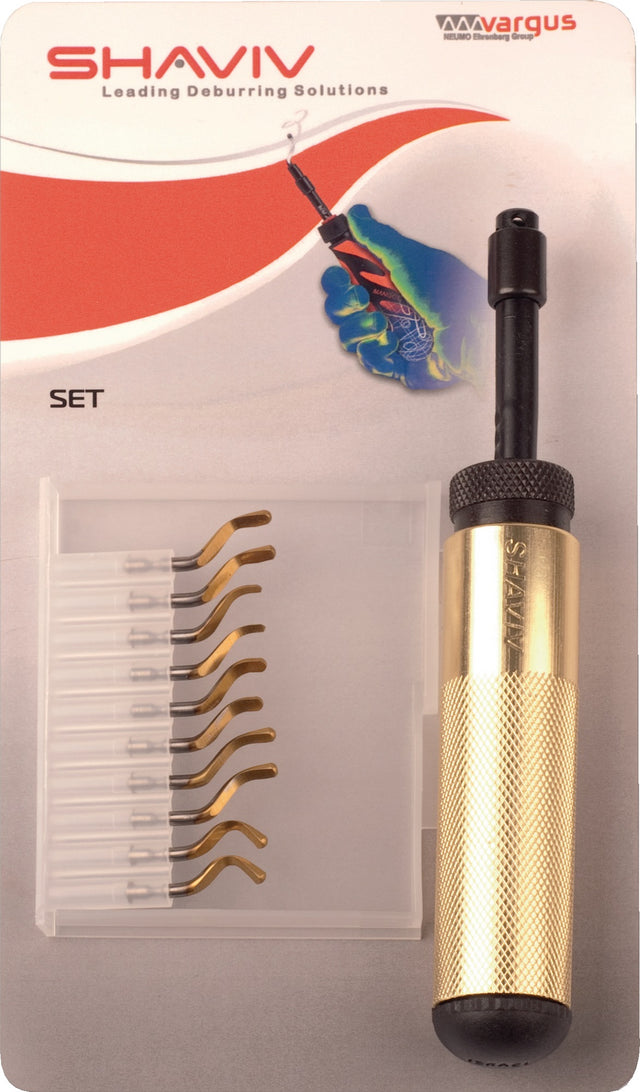 SHAVIV Golden Flex Set B 7-teiliges Entgraterset für Standard-Entgratarbeiten mit TiN-beschichteten Klingen