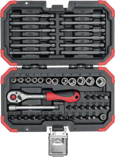 GEDORE RED Bit- und Steckschlüsselsortiment 51-teilig 1/4 Zoll SW 4-14 mm mit 72-Zahn-Umschaltknarre