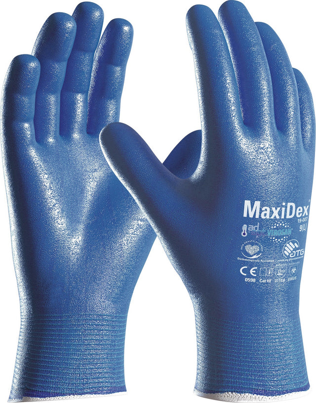 MaxiDex® Handschuhe Gr. 10 blau – Nitril-Vollbeschichtung, ViroSan™ & EN ISO 374-5