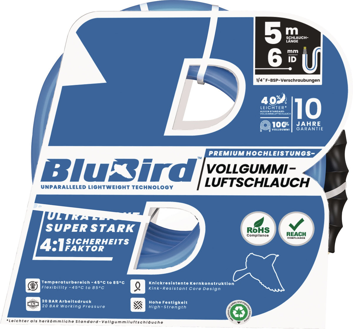 RIEGLER Werkstattschlauch-Set BluBird, 6 mm Innendurchmesser, 12 mm Außendurchmesser, 5 m, Messingkupplung