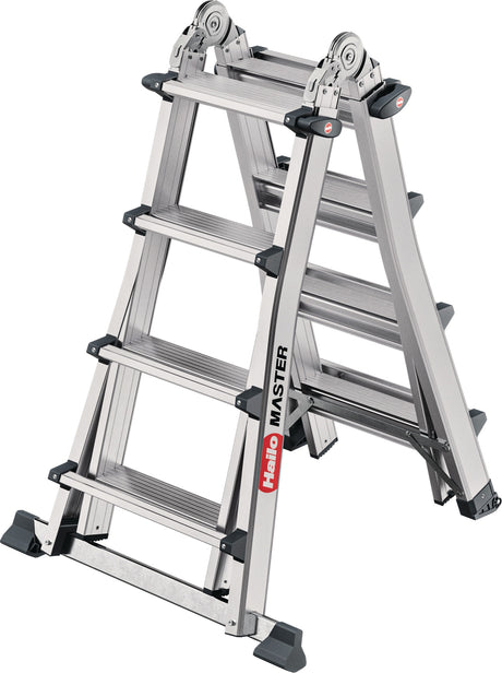 HAILO Vielzweckleiter Master M100 Aluminium Sprossen 4x4 – 150 kg belastbar, 4-fach verstellbar