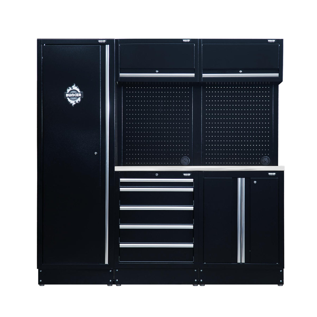 BUNKER 196cm Modulare Werkstatteinrichtung Werkbank mit Edelstahl-Arbeitsplatte - 11-teilig - D04503