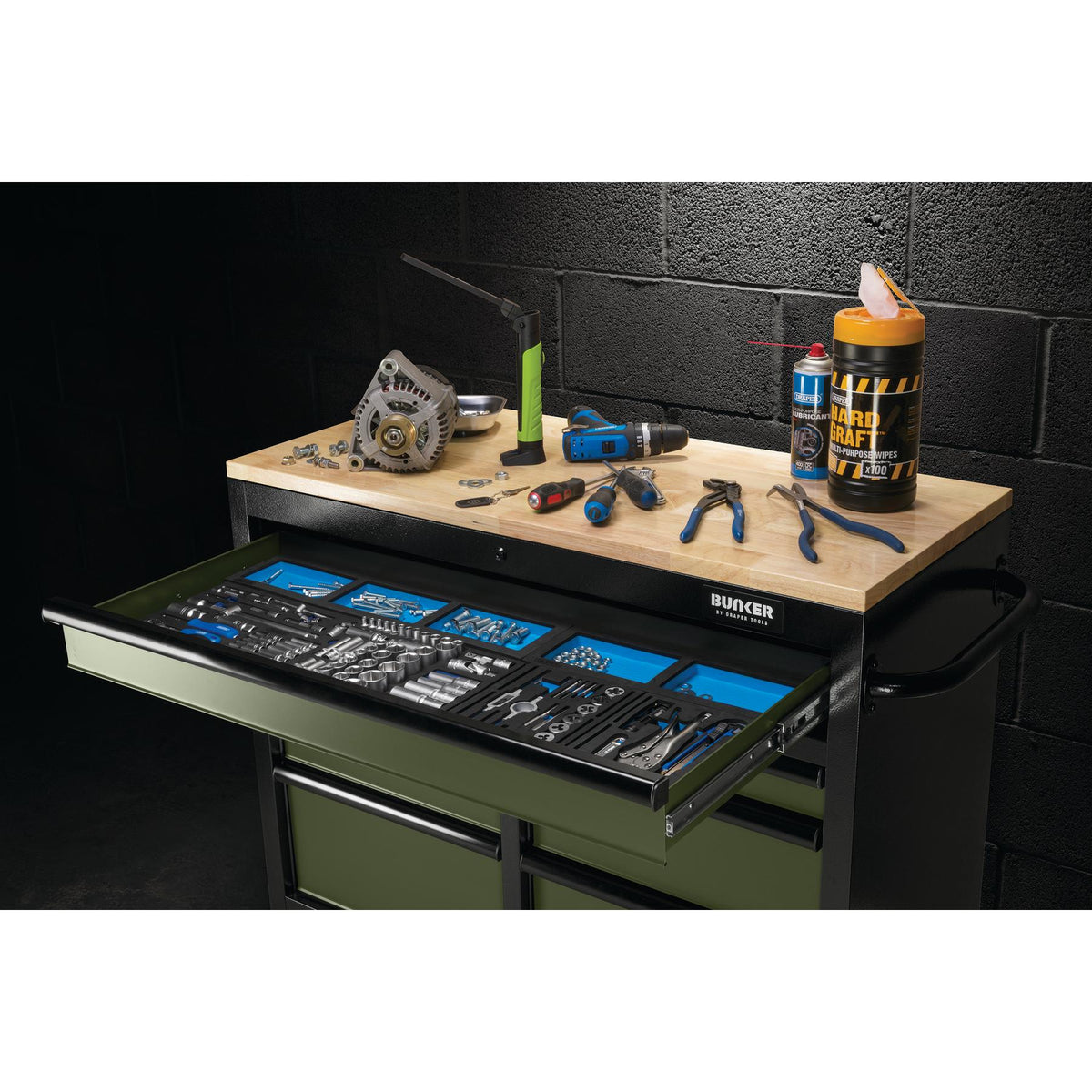 BUNKER Profi Werkbank 41 Zoll, 104 cm - Grün - Werkbank mit Schubladen - 7 - Werkbank mit Rollen - D08221