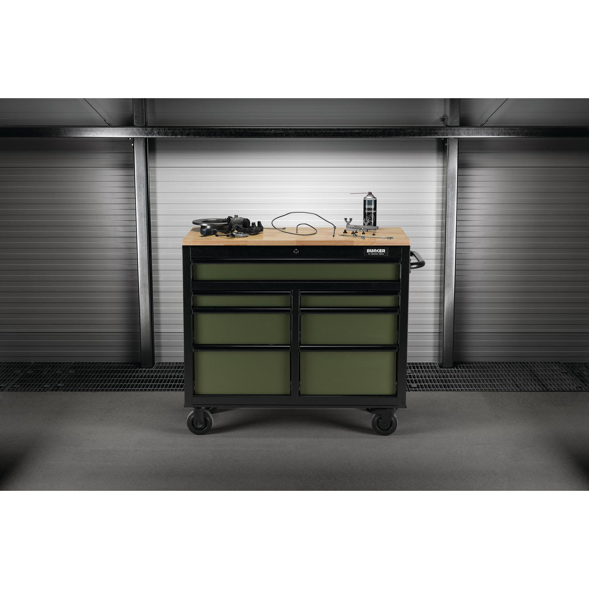 BUNKER Profi Werkbank 41 Zoll, 104 cm - Grün - Werkbank mit Schubladen - 7 - Werkbank mit Rollen - D08221