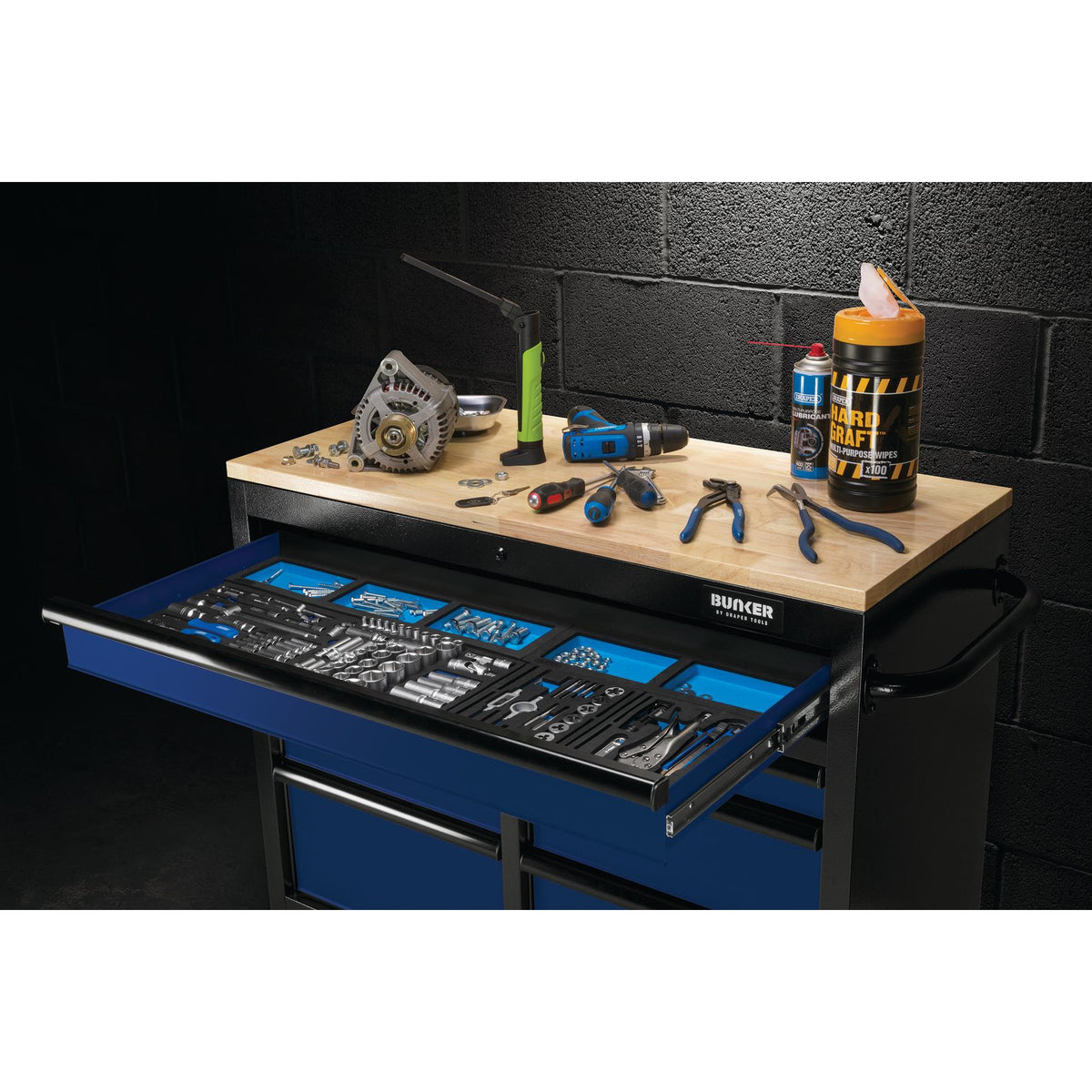 BUNKER Profi Werkbank 41 Zoll, 104 cm - Blau - Werkbank mit Schubladen - 7 - Werkbank mit Rollen - D08222