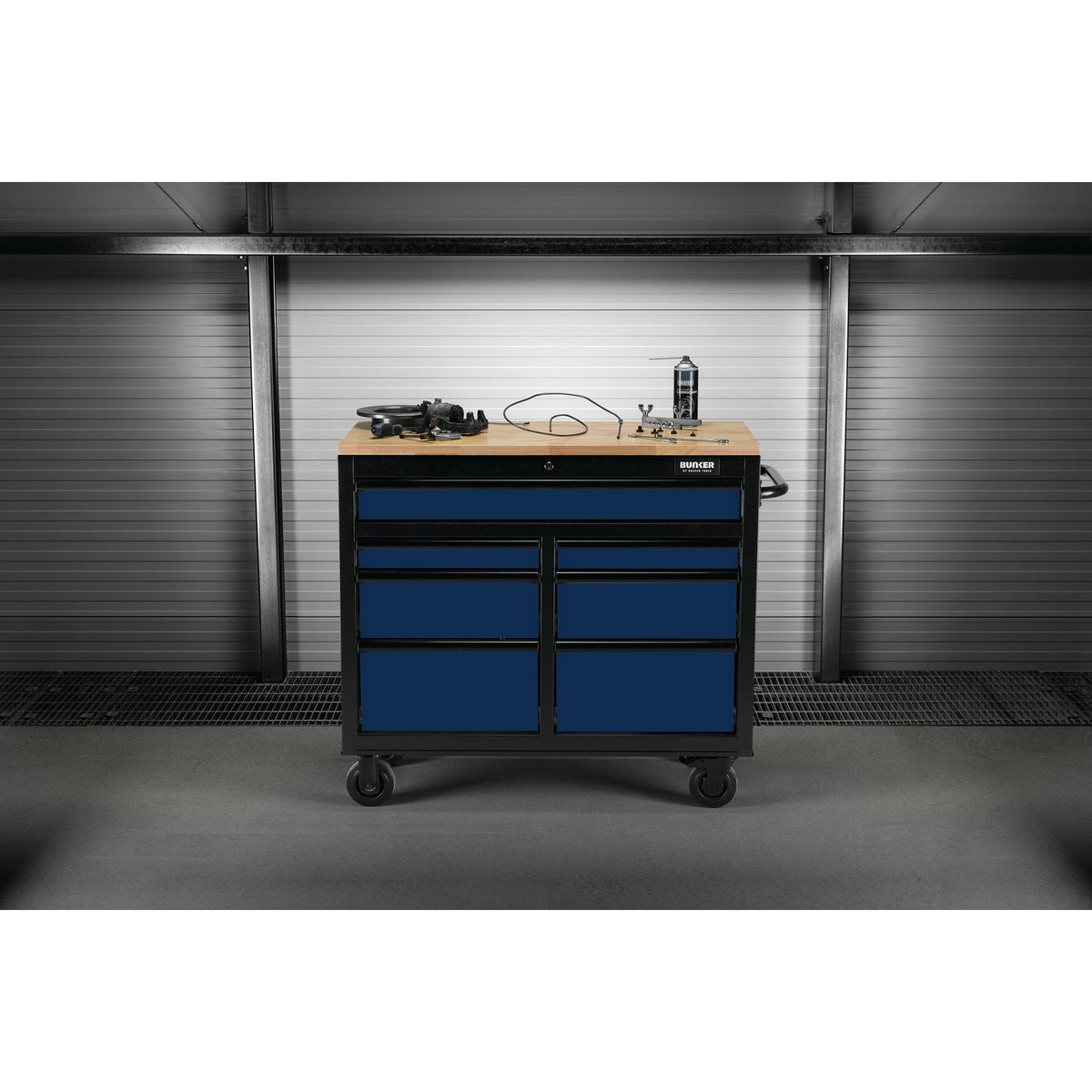 BUNKER Profi Werkbank 41 Zoll, 104 cm - Blau - Werkbank mit Schubladen - 7 - Werkbank mit Rollen - D08222